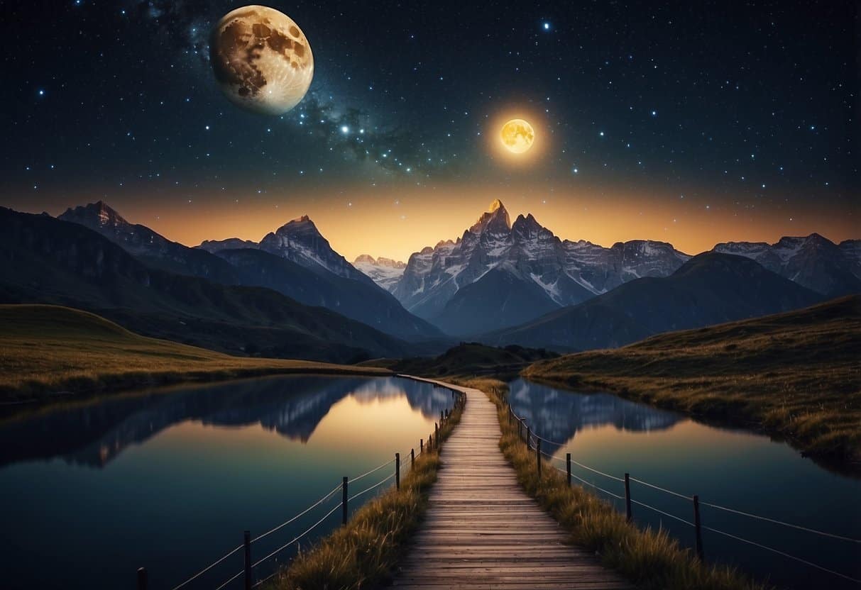 Dreams and Value Fulfillment 1 Dreams and Value Fulfillment | Moonlit mountain landscape with reflective lake and wooden pathway
