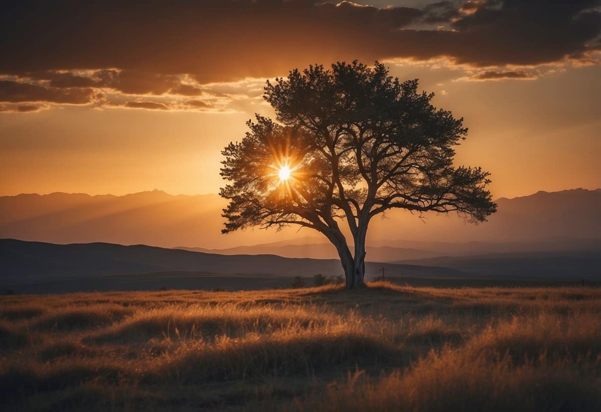 Love Death and Existence 3 Love Death and Existence | Sunset behind lone tree with mountain backdrop