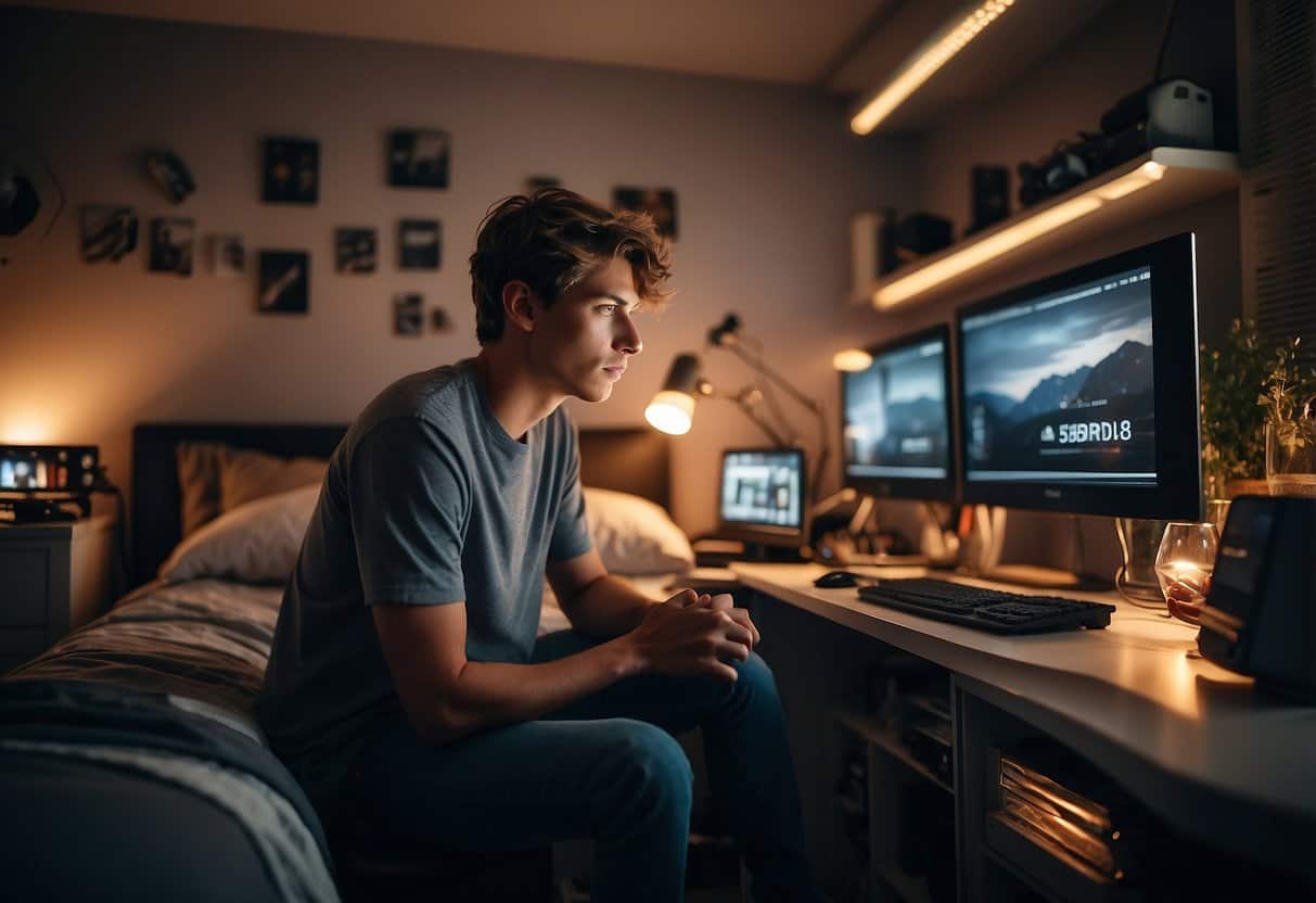 Social Isolation | Young man focusing at computer screens in cozy room.