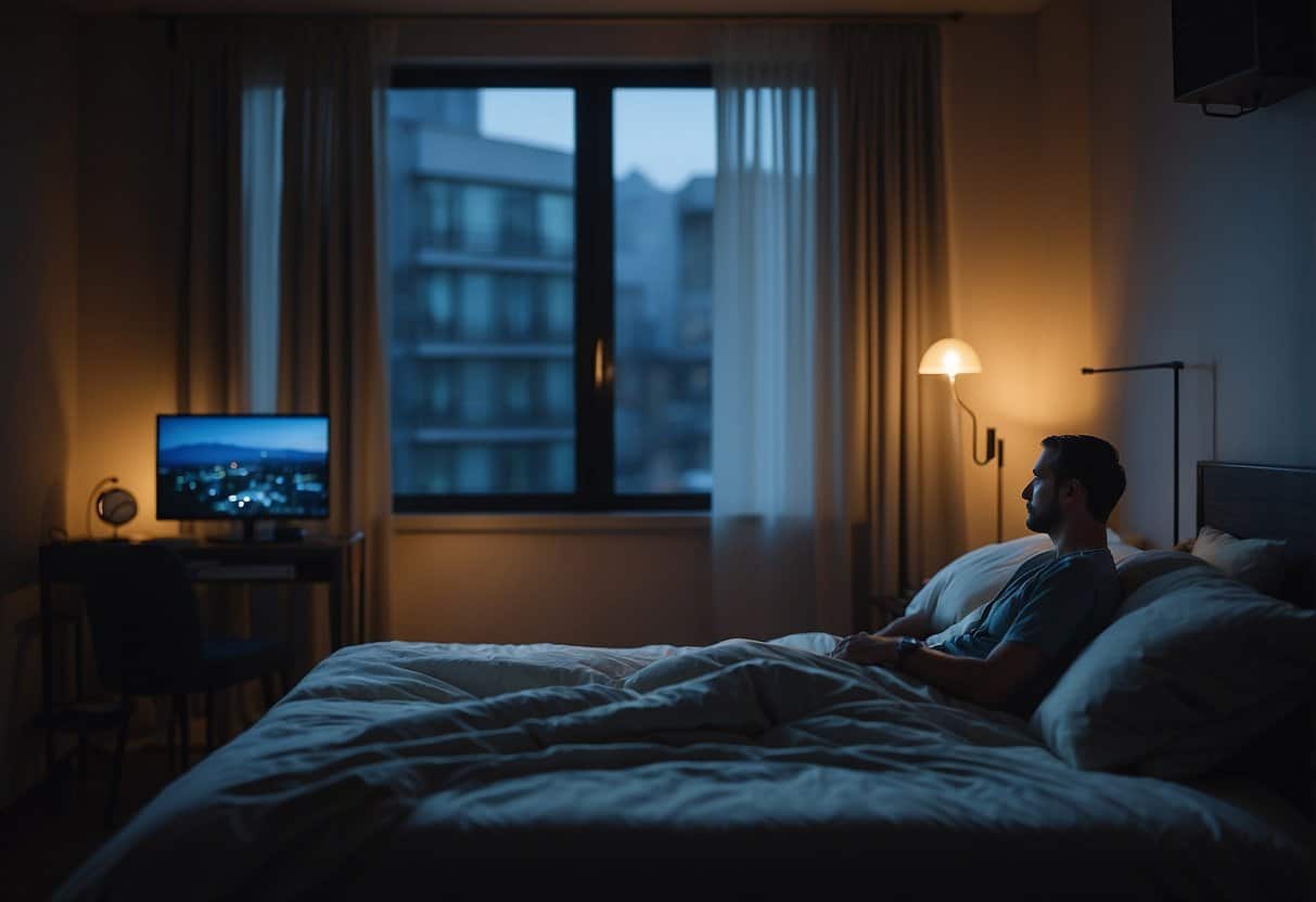 Social Isolation | Man watching TV in bedroom at night, city view