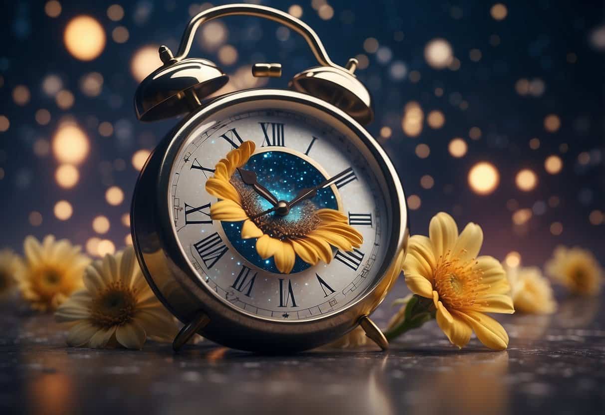 Love Death and Existence 4 Love Death and Existence | Vintage alarm clock with flowers and starry night background