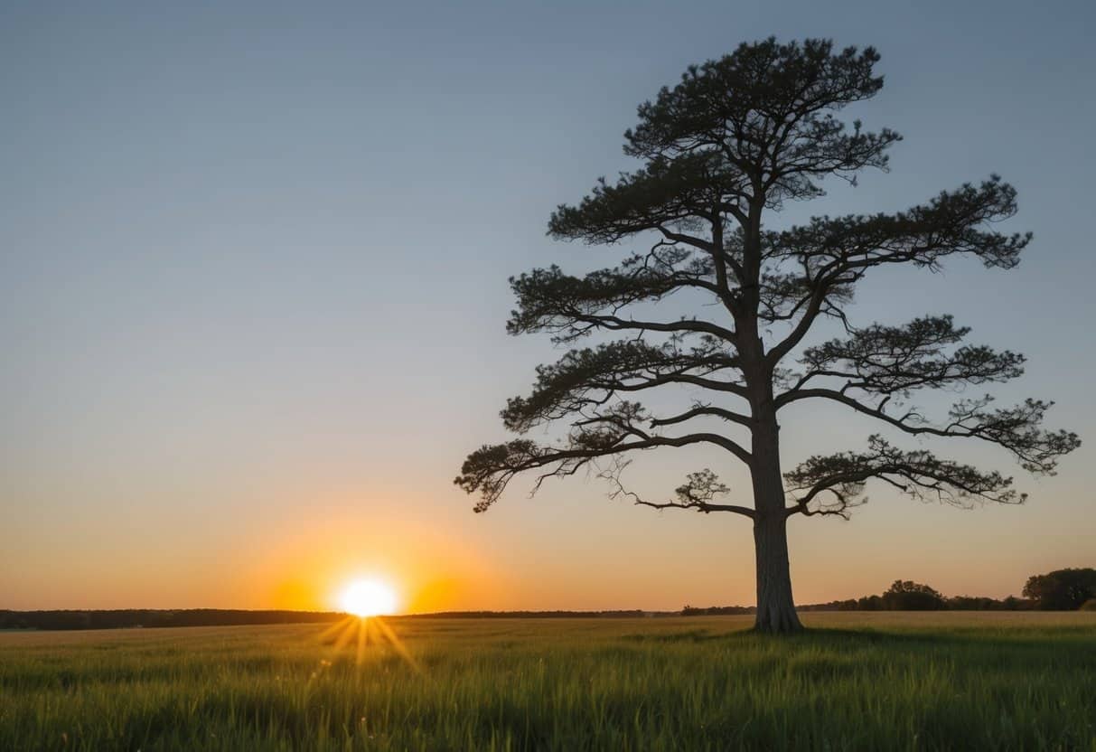 finding your authentic self through creativity and personal growth | Sunset behind lone tree in expansive grassy field