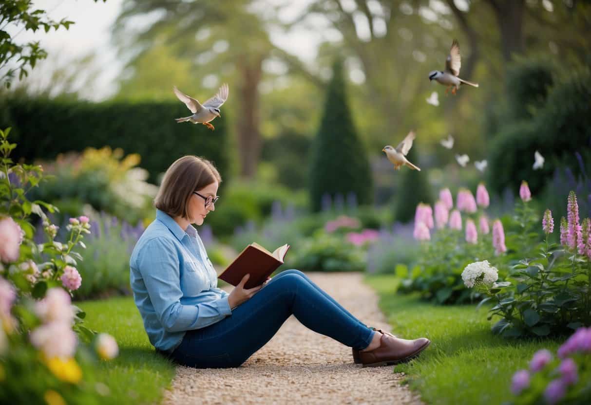 finding your authentic self through creativity and personal growth | Woman reading book in lush garden with flying birds