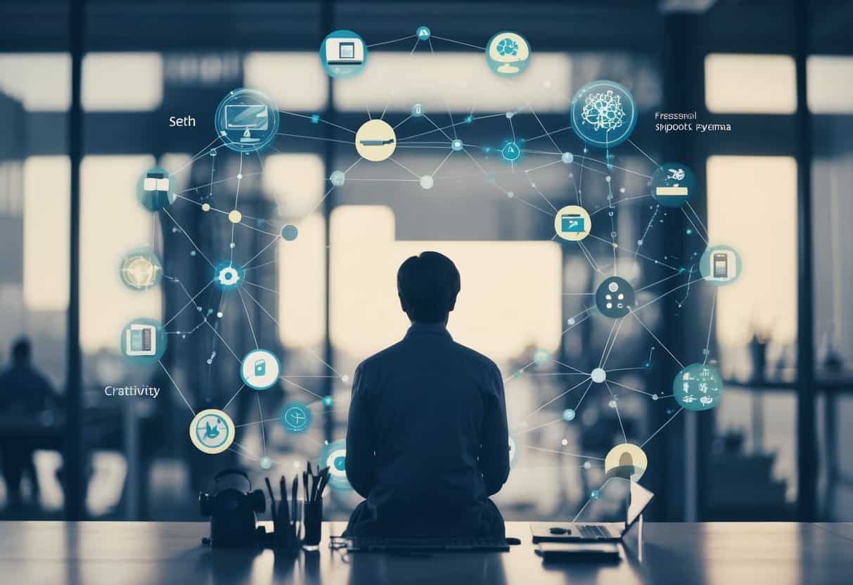 finding your authentic self through creativity and personal growth | Man at desk surrounded by digital network graphics