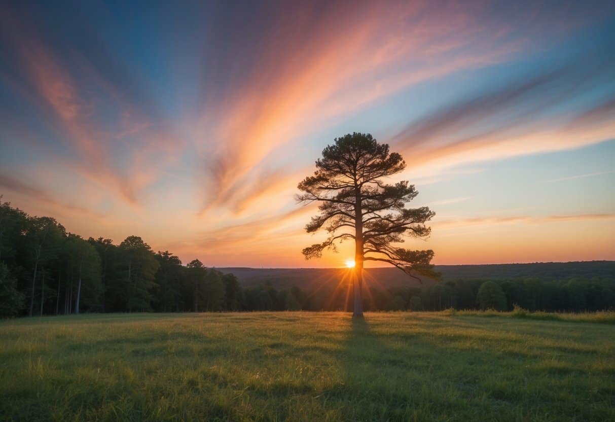 finding your authentic self through creativity and personal growth | Sunset behind tree with sweeping colorful sky
