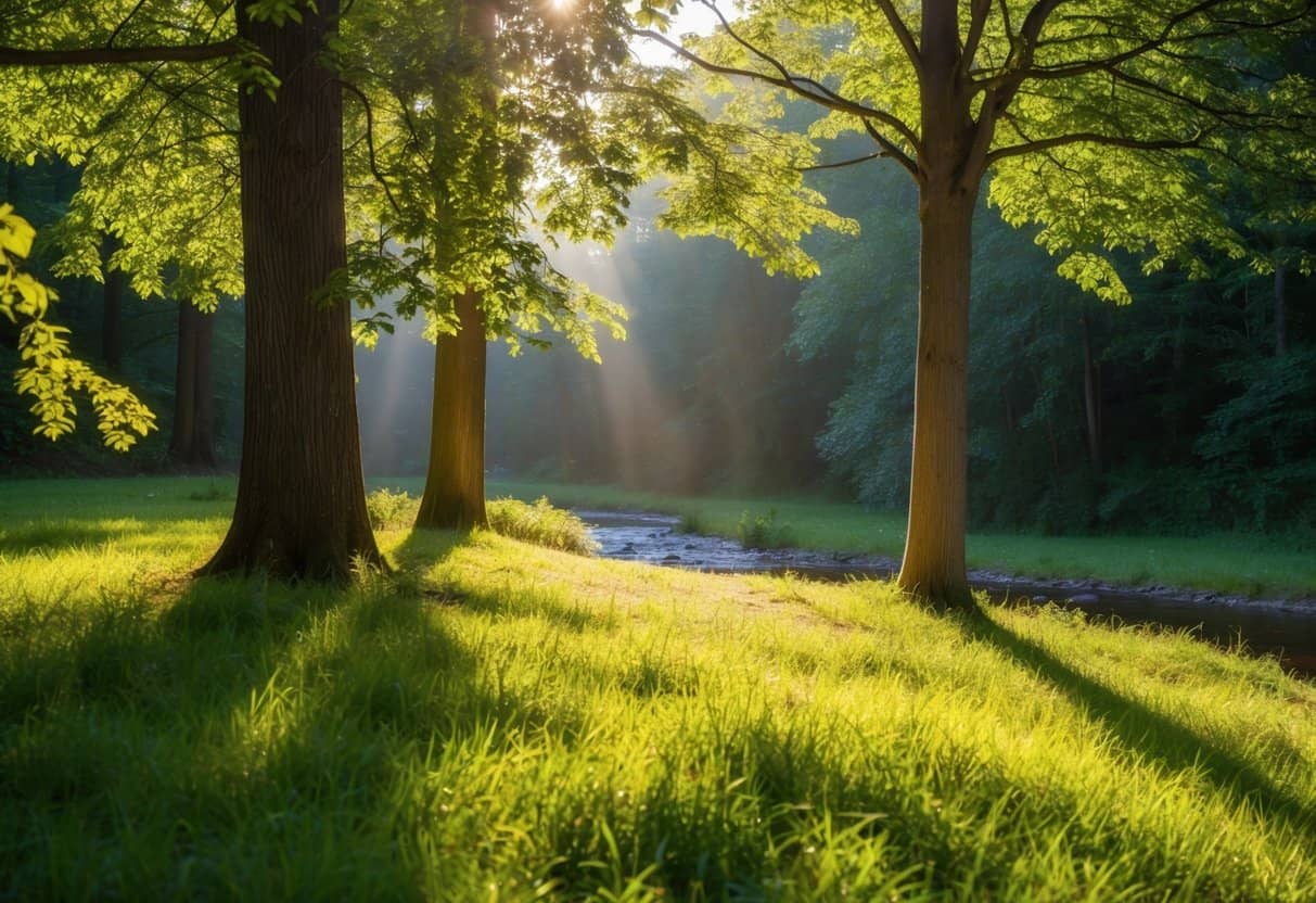 the silent language of energy 1 the silent language of energy | Sunlight streaming through trees by a serene forest stream