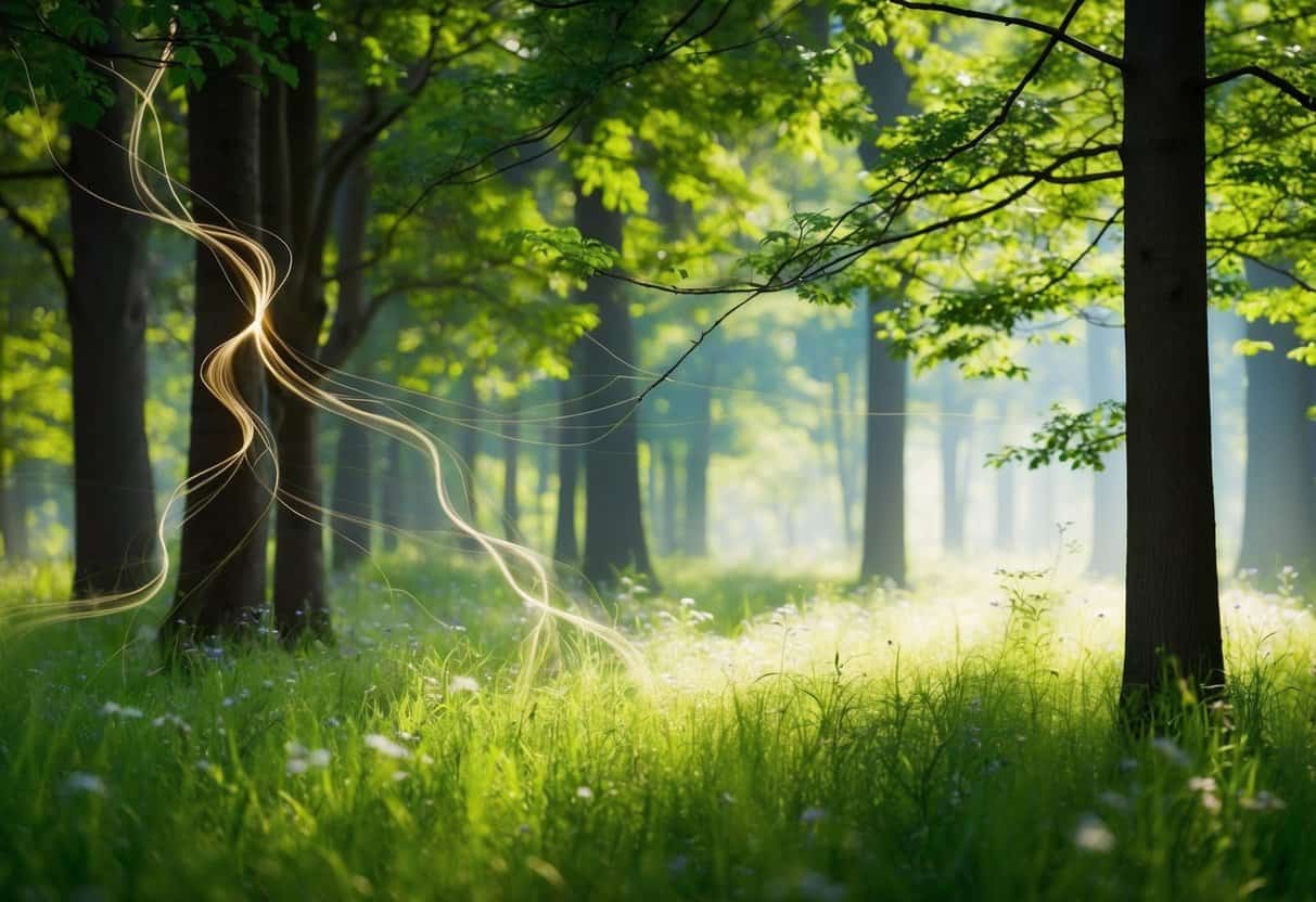 the silent language of energy 6 the silent language of energy | Sunlit forest with mystical light trails among trees
