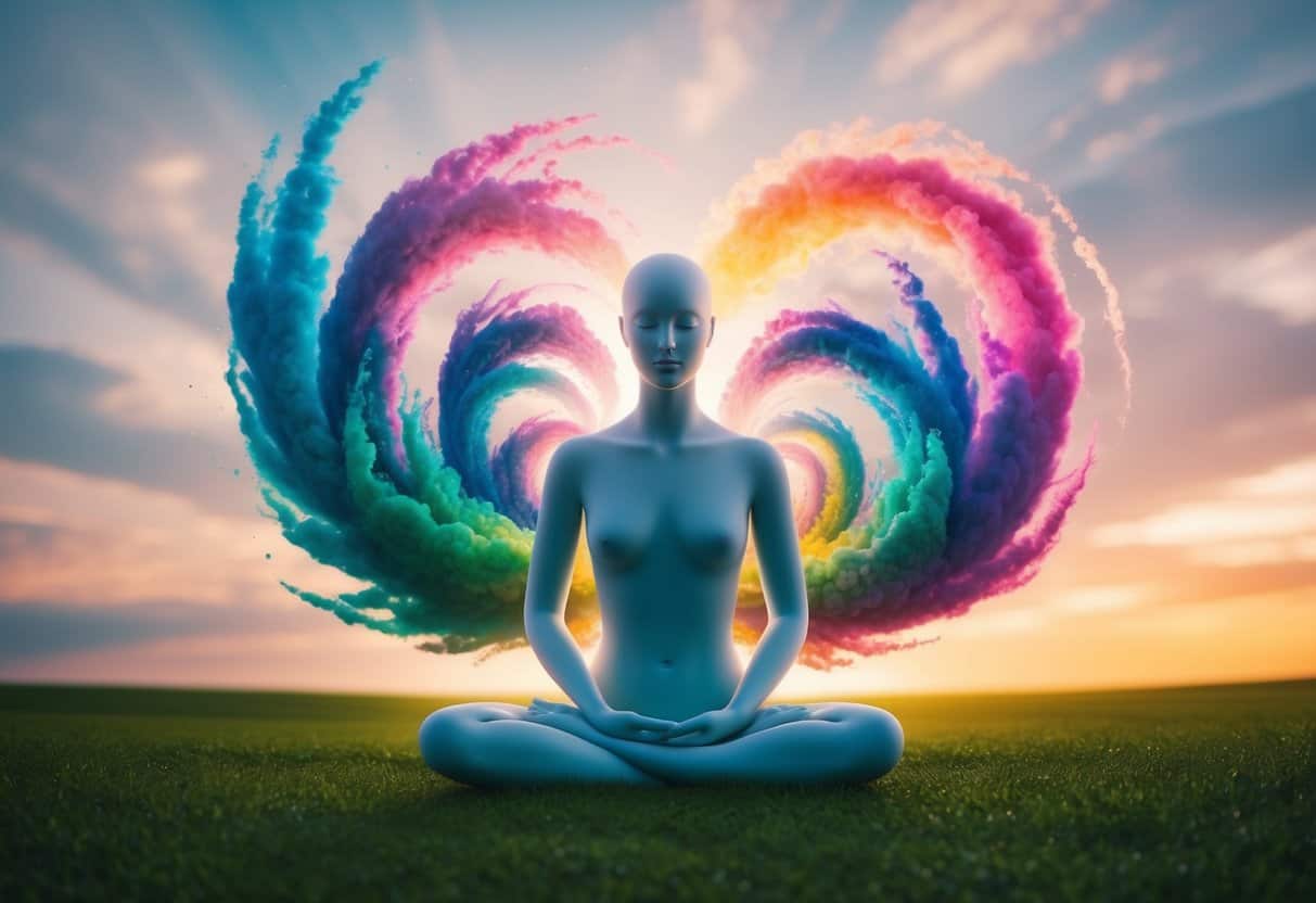 The Power Of Each Breath We Take 3 The Power Of Each Breath We Take | Mannequin meditating with vibrant cloud swirls at sunset