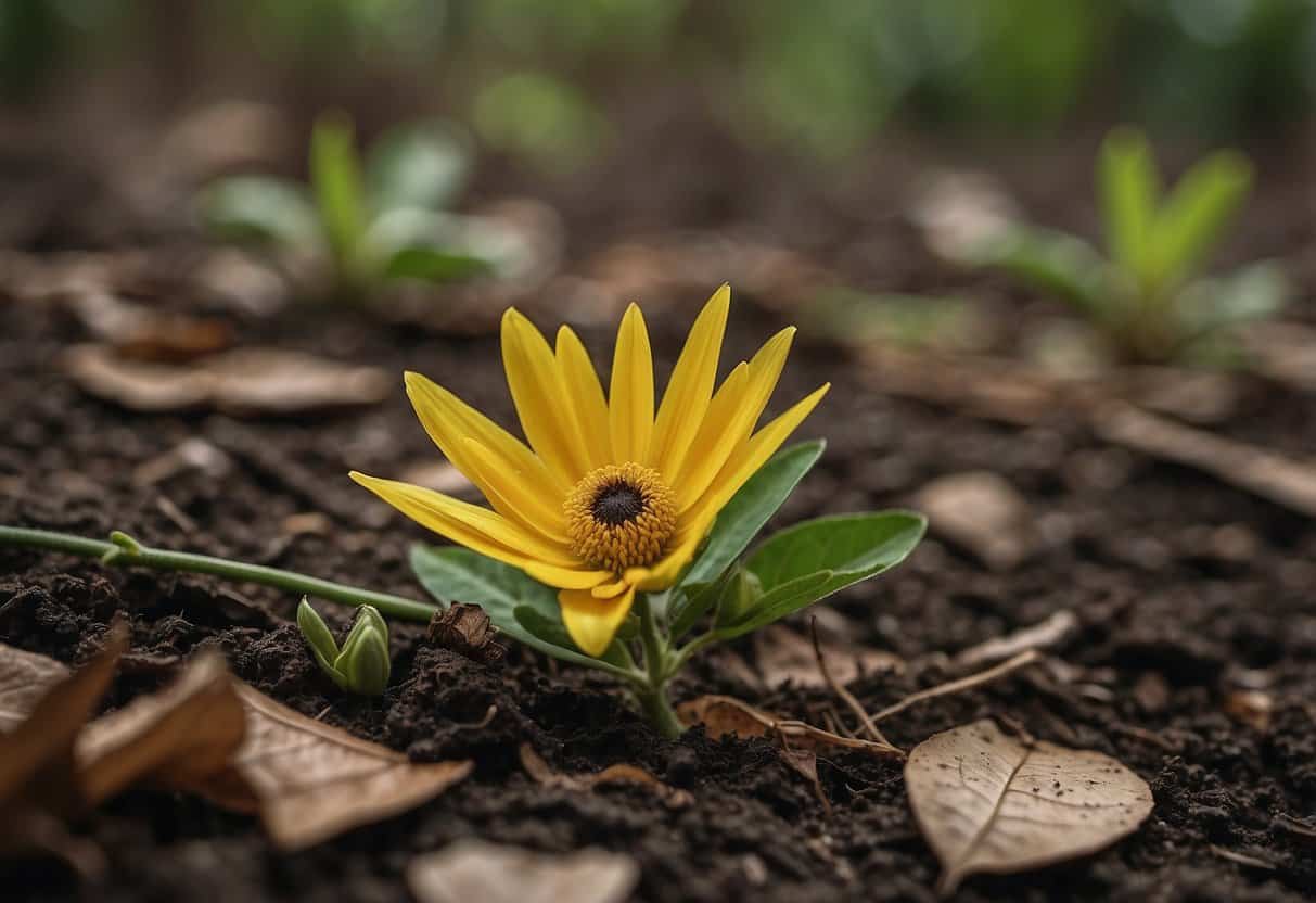 Love Death and Existence 1 Love Death and Existence | Vibrant yellow flower blooming in rich soil