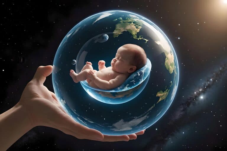 Love Death and Existence | Hand holding baby in transparent globe, cosmic background