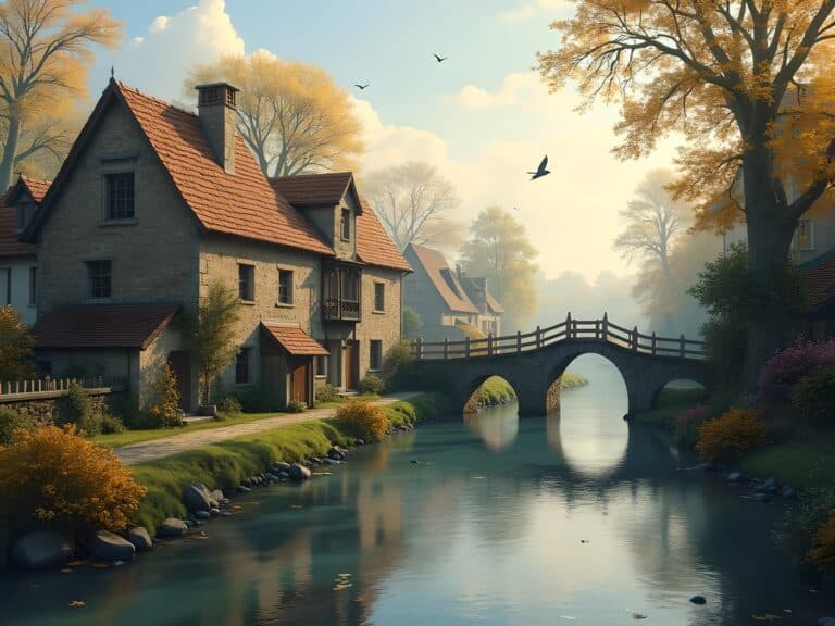 Tranquil village scene with bridge, river, and autumn trees