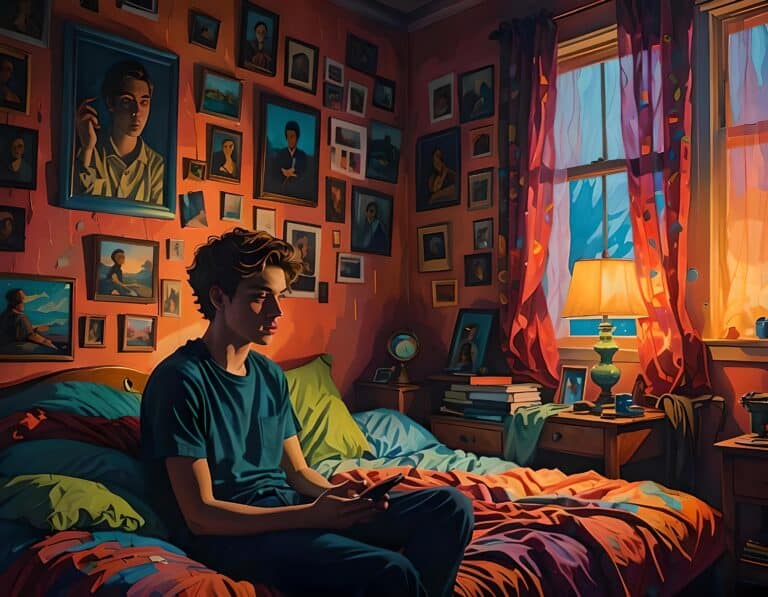 Teenager texting in colorful, art-filled bedroom