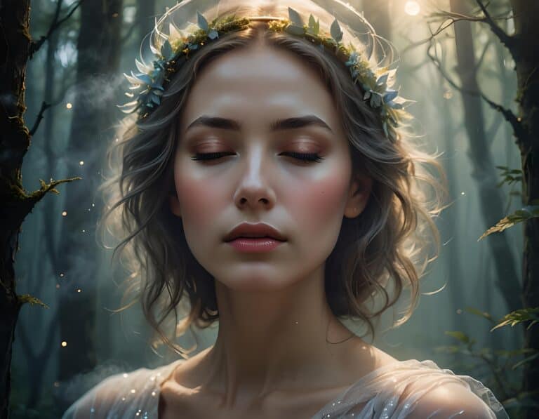 Woman wearing floral crown in misty forest