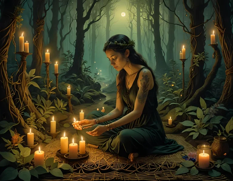 spiritual individuals | Woman sitting with candles in mystical forest scene