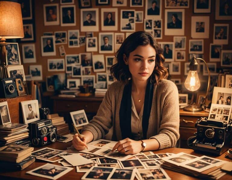 Woman organizing vintage photos in cozy, lamp-lit room