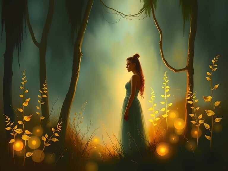 Woman in teal dress in mystical glowing forest setting