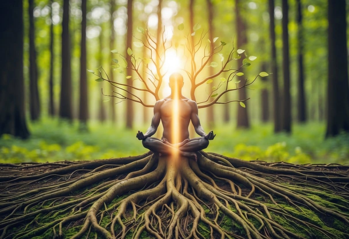 The God Within 7 The God Within | Person meditating, tree-like aura in forest