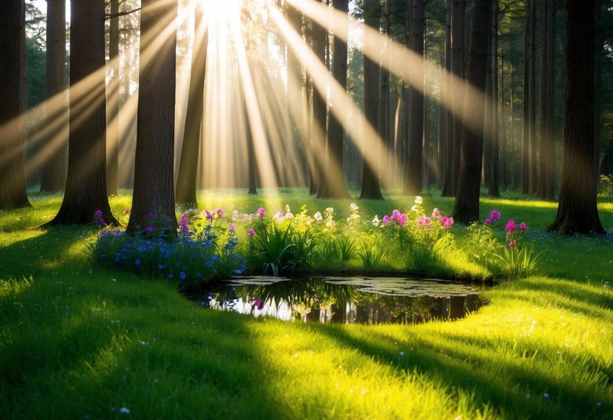 Finding your divine spirit | Sunbeams pierce through forest onto vibrant flower meadow