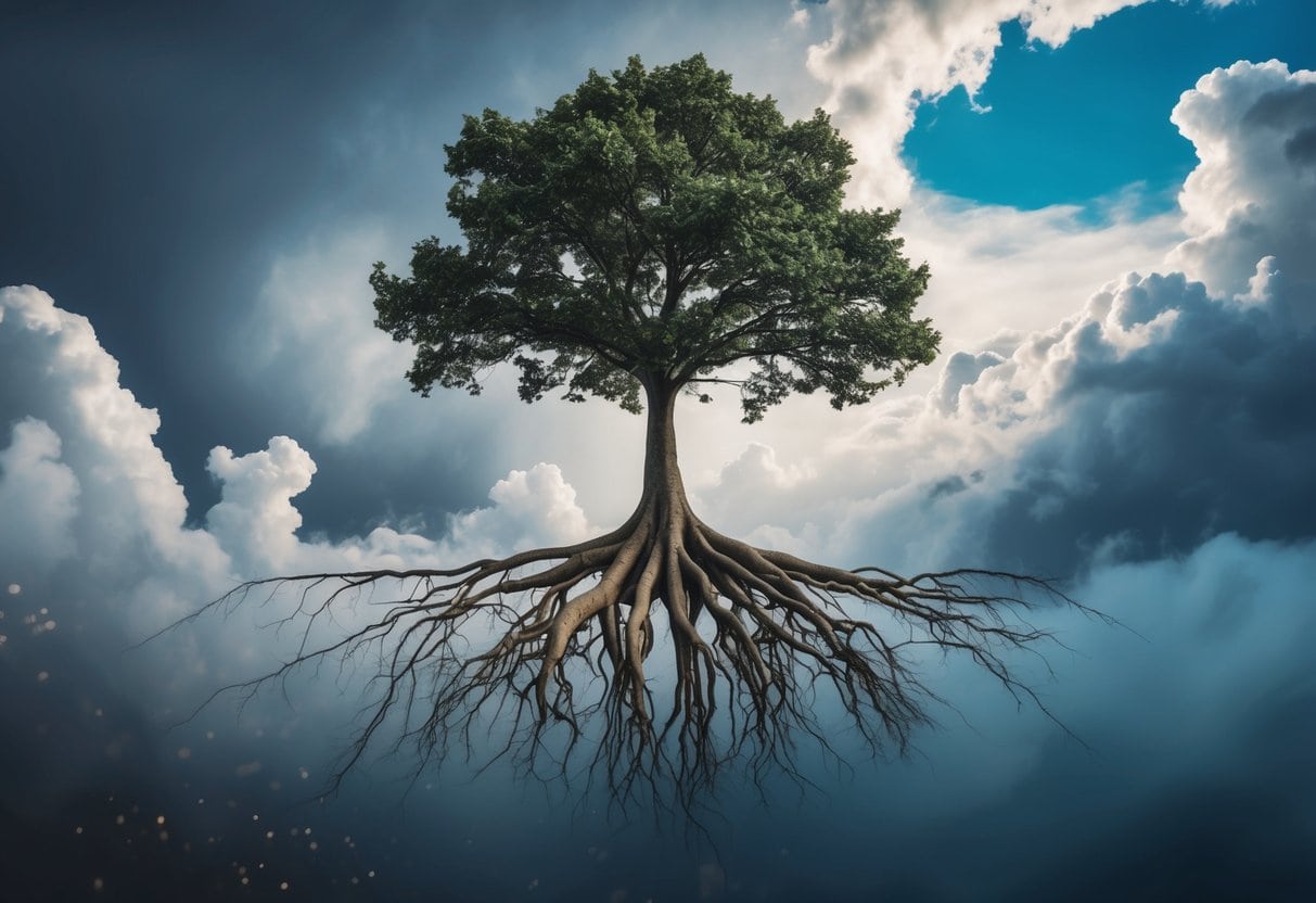 The Power Of Your Mind 4 The Power Of Your Mind | Floating tree with exposed roots against stormy sky