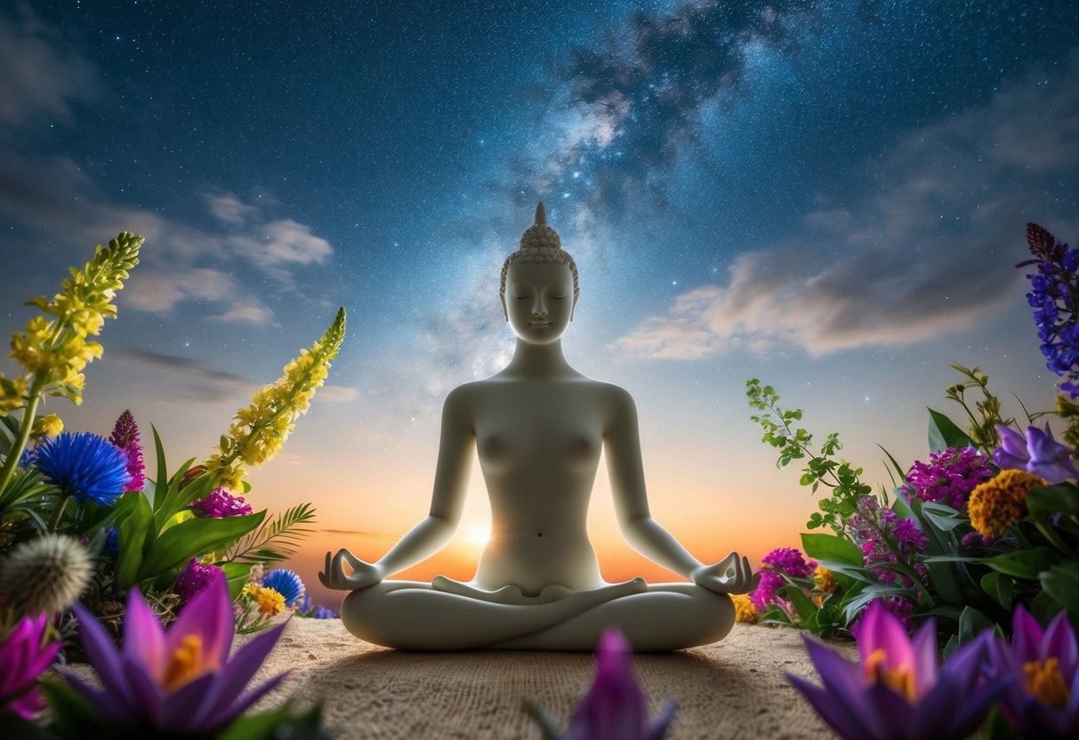 From Magical Thinking to Spiritual Clarity | Buddha statue meditating among vibrant flowers under starry sky