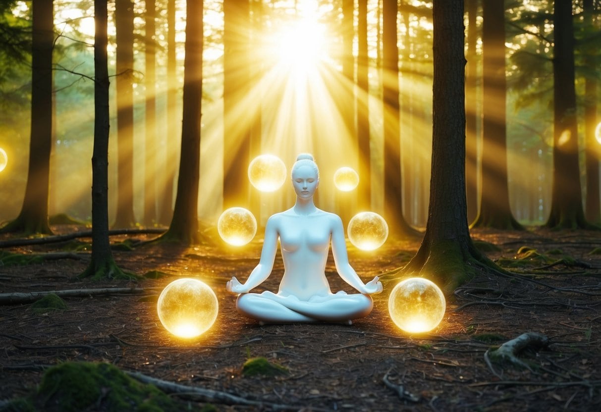 From Magical Thinking to Spiritual Clarity | Meditating figure with glowing orbs in sunlit forest