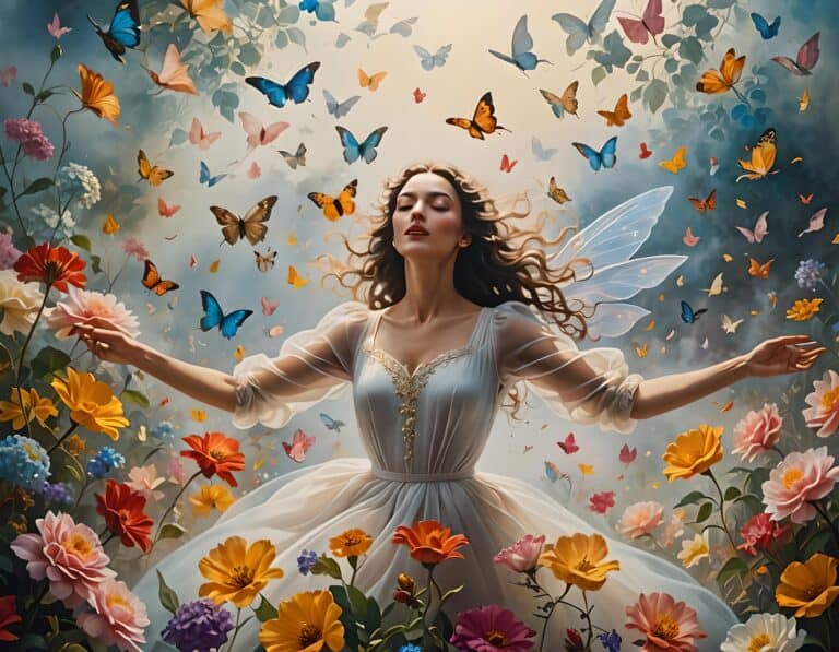 Life after Death | Fairy in garden surrounded by colorful flowers and butterflies.