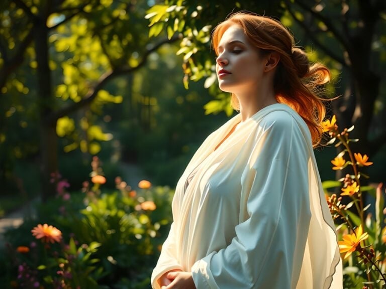 Woman meditating in sunlit garden surrounded by flowers
