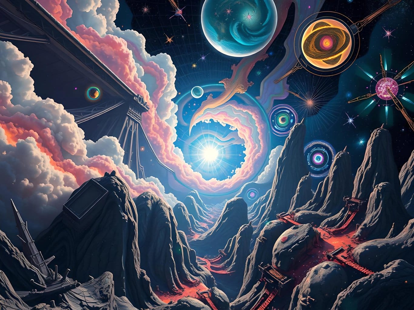 The Multidimensional God | Surreal cosmic landscape with vibrant celestial bodies