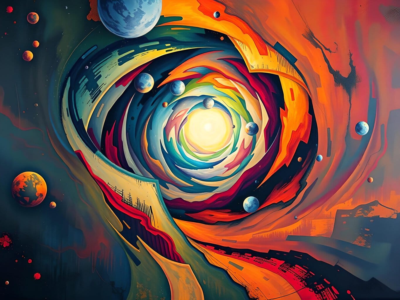 The Multidimensional God | Vibrant cosmic swirl with planets and colorful nebula