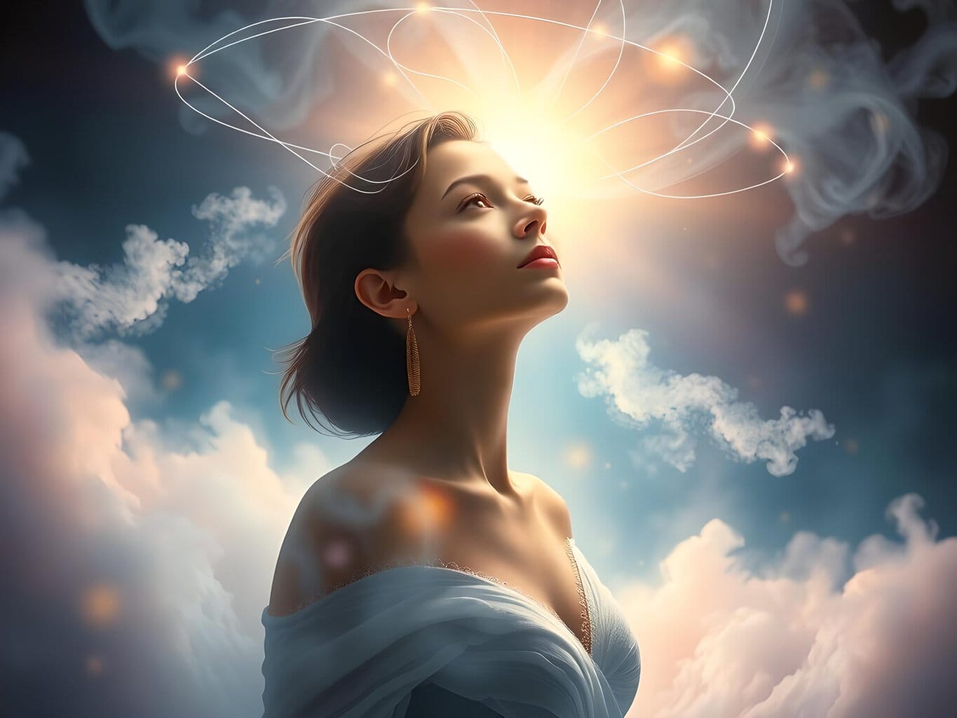 the future of human experience 3 The Future of Human Experience | Woman with glowing halo in ethereal sky