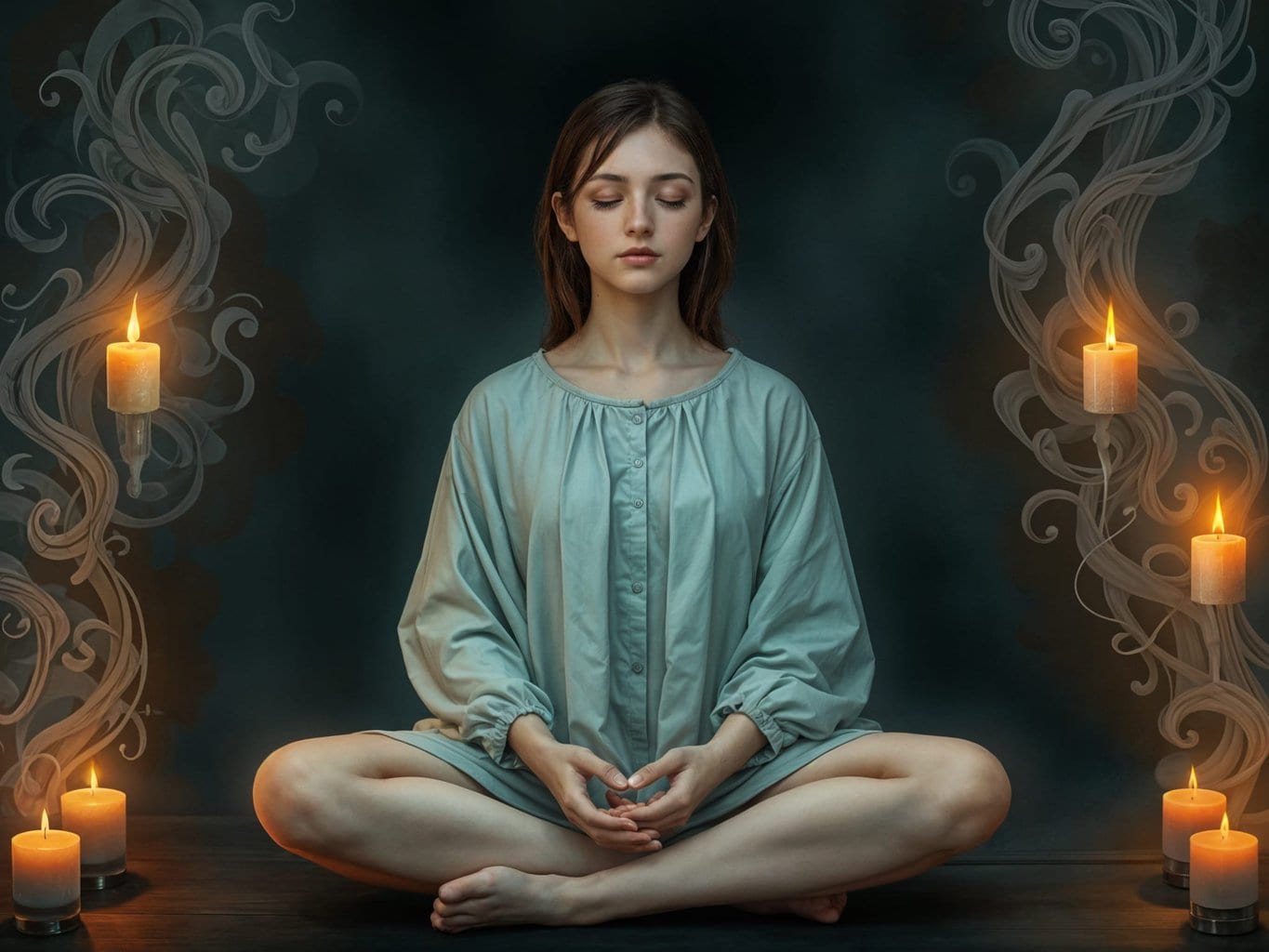 the future of human experience 6 The Future of Human Experience | Woman meditating with candles and decorative swirls