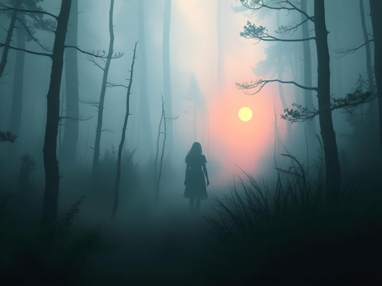 Silhouette of person in misty forest at sunrise