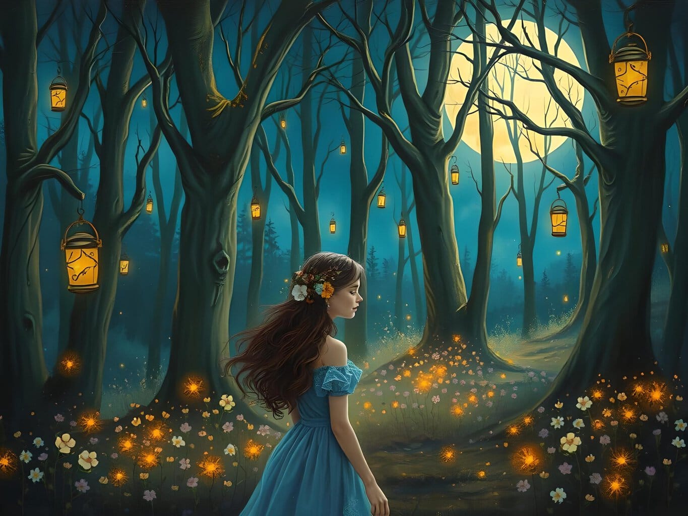 Woman in blue dress in enchanted forest with lanterns