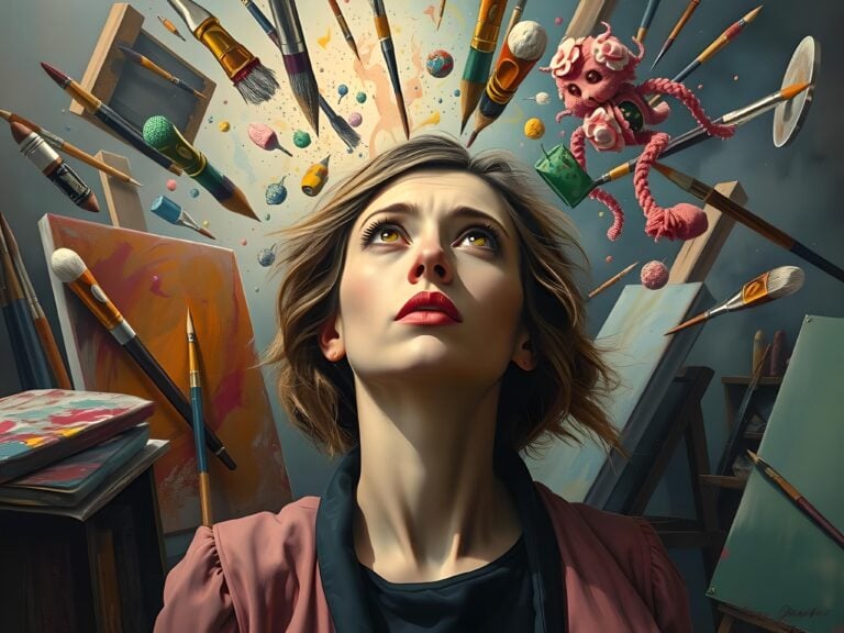 Woman surrounded by floating art supplies and pink octopus