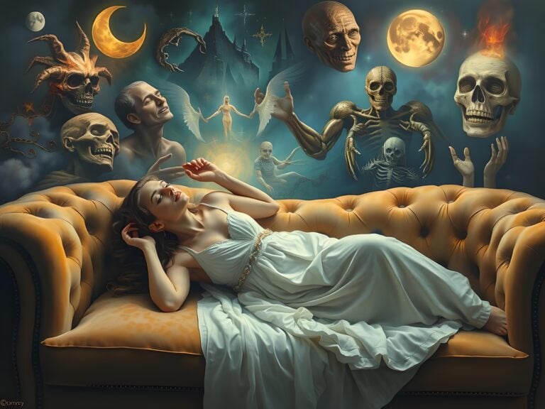 Woman dreaming surrounded by mystical creatures and skulls