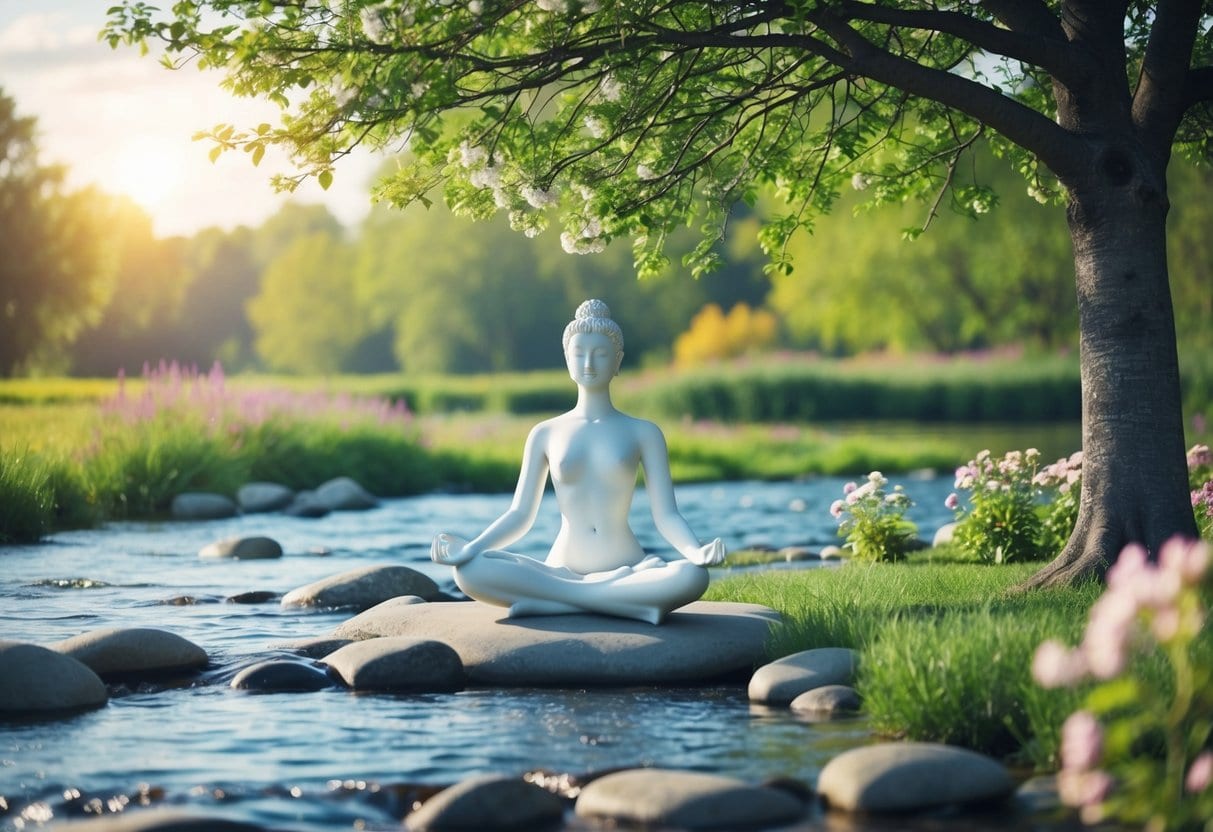 Life is a dream 6 Life is a dream | Statue meditating by river in tranquil, blooming garden