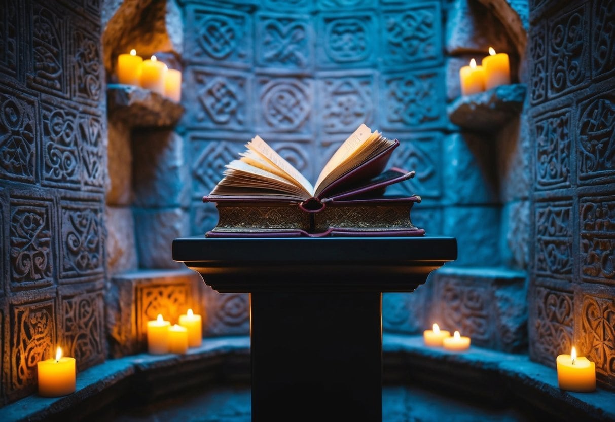 Secret societies and hidden cabals | Antique books on pedestal with candles in blue alcove