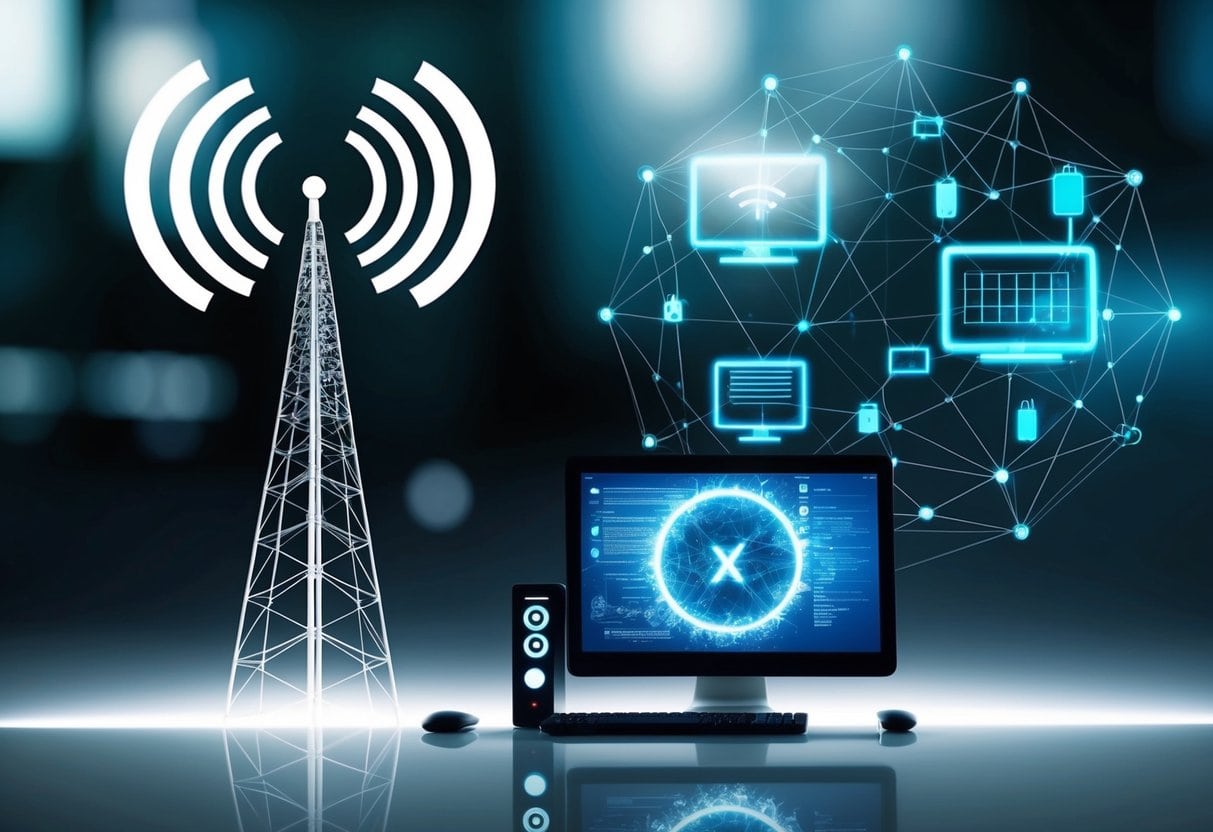 Secret societies and hidden cabals | Digital network concept with tower and connected devices