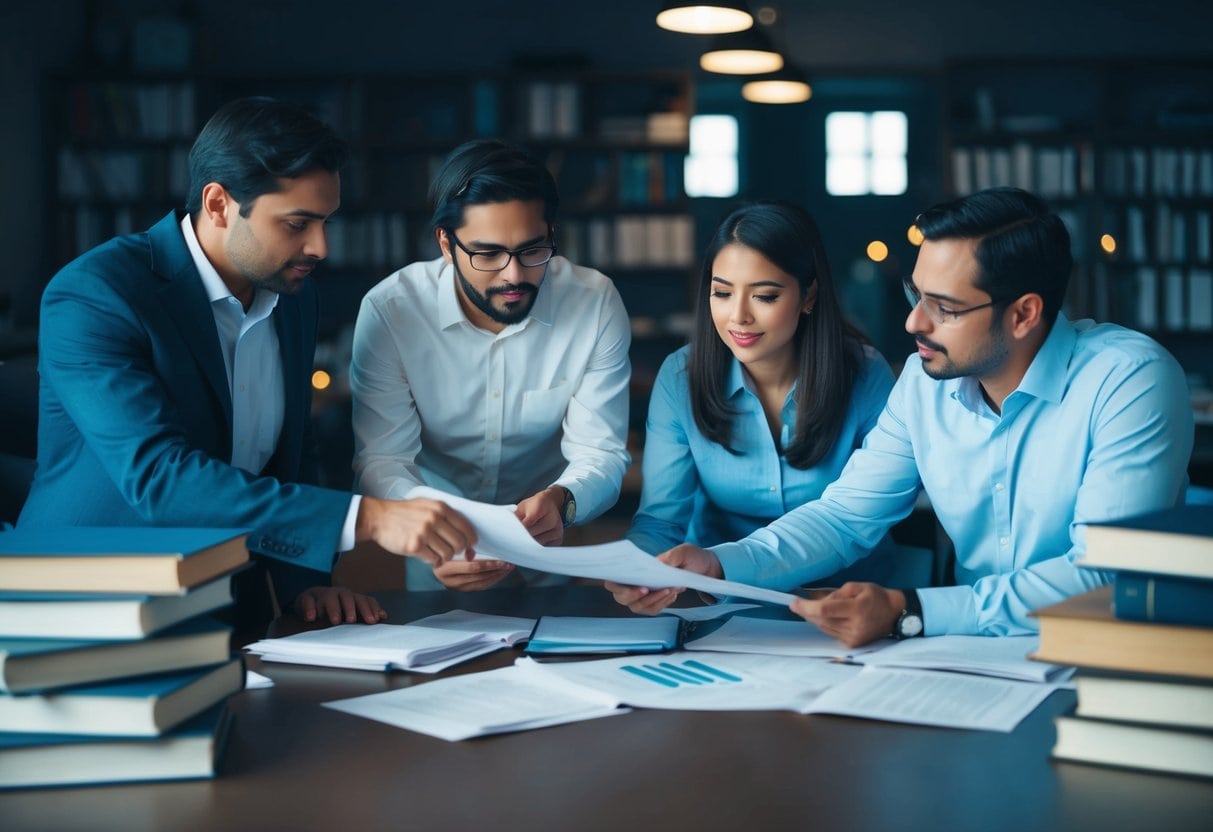 Secret societies and hidden cabals | Team analyzing documents in office meeting