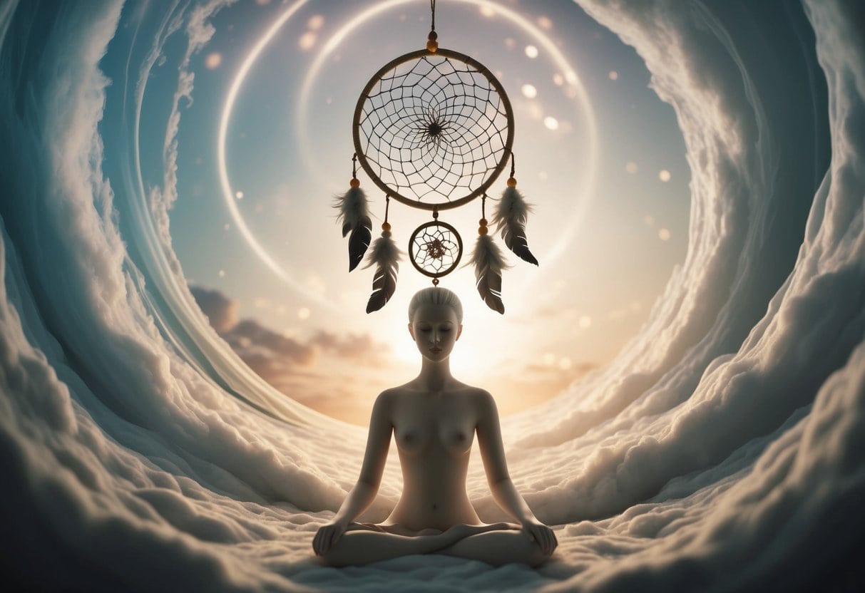 Dreams are messages from the deep 4 Dreams are messages from the deep | Meditating figure under dreamcatcher within surreal cloudscape