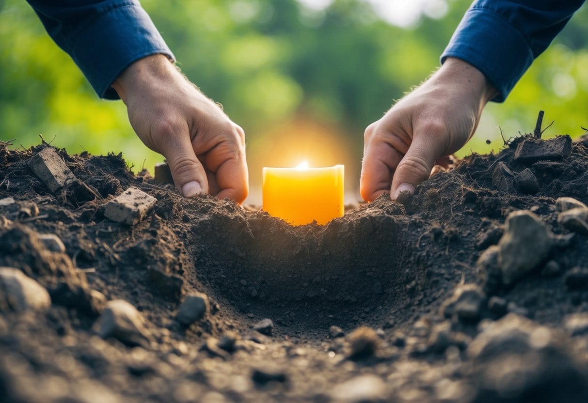 Finding Yourself 2 Finding Yourself | Hands planting candle in soil for memorial ceremony
