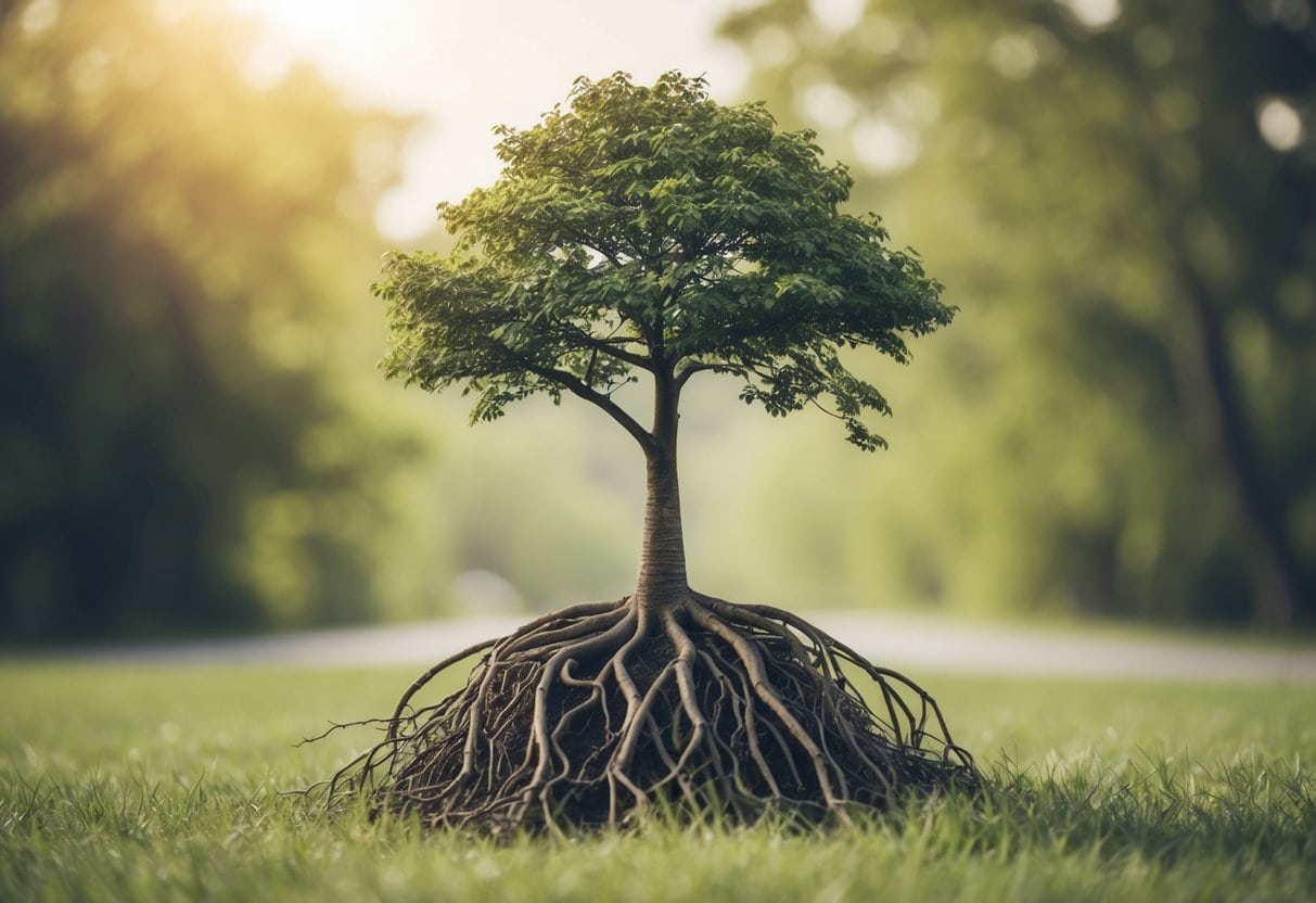 Finding Yourself 3 Finding Yourself | Lush tree with exposed roots on grassy field