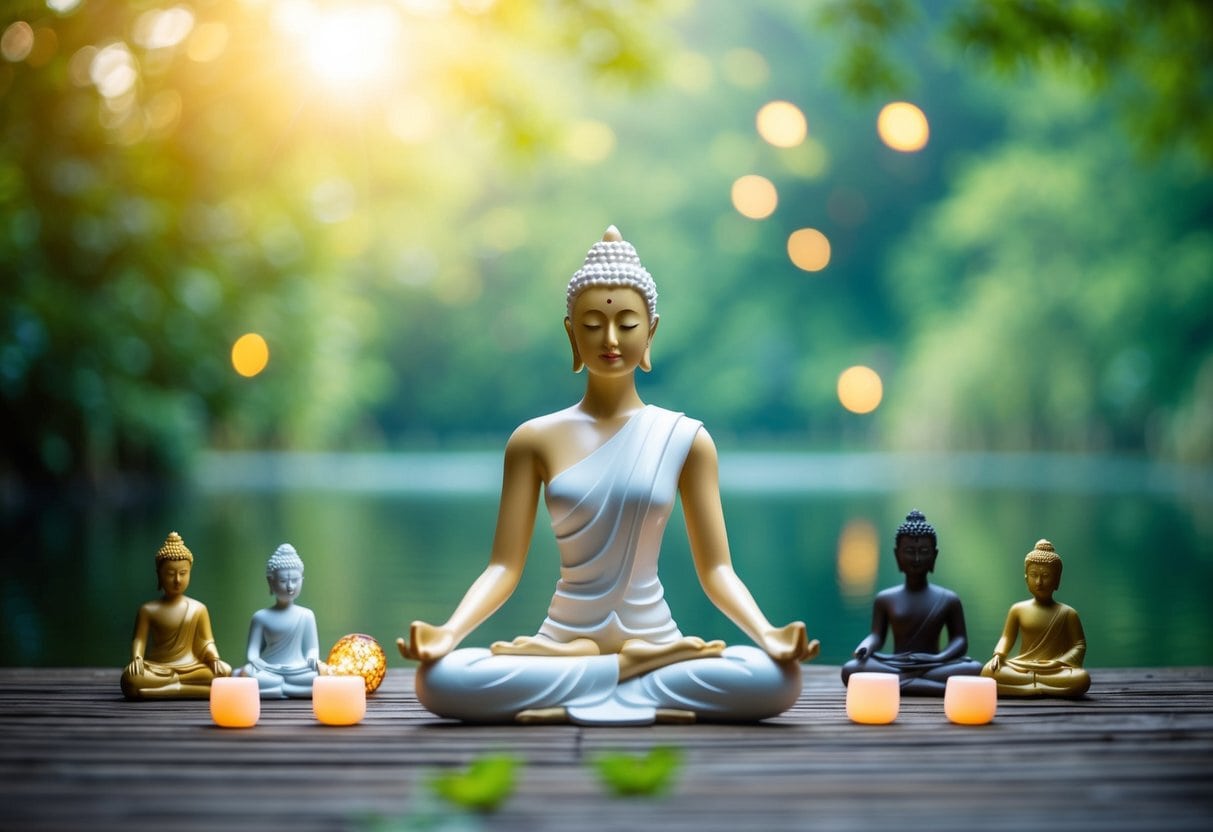 Finding Yourself 4 Finding Yourself 4| Buddha statues meditating by serene lake with candles