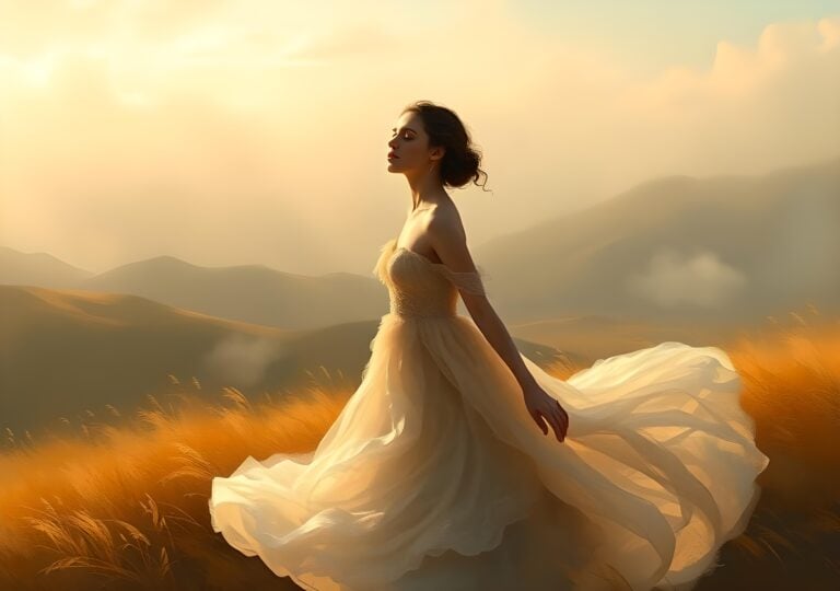 Woman in flowing dress amidst golden sunset hills