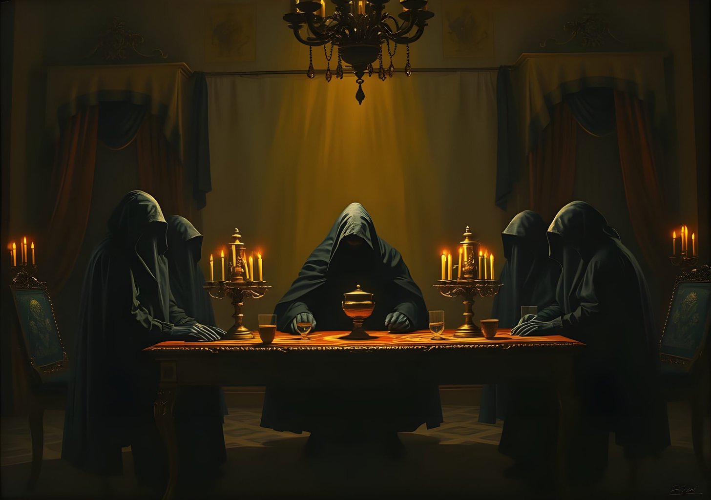 Mysterious cloaked figures gathered around candlelit table.