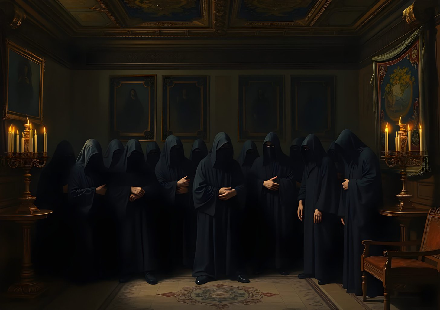 Mysterious hooded figures in dark ornate room with candles
