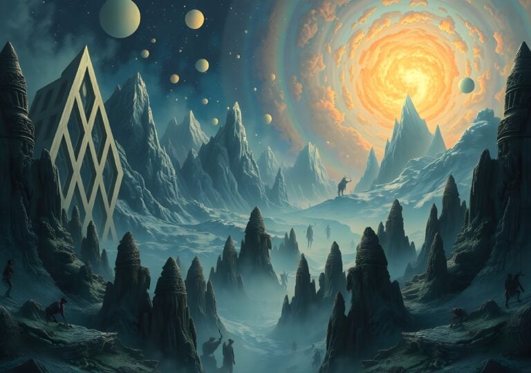 Fantasy landscape with swirling sky and icy mountains