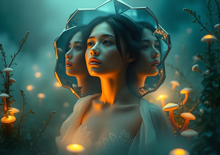 Woman with reflective mirror images in mystical forest