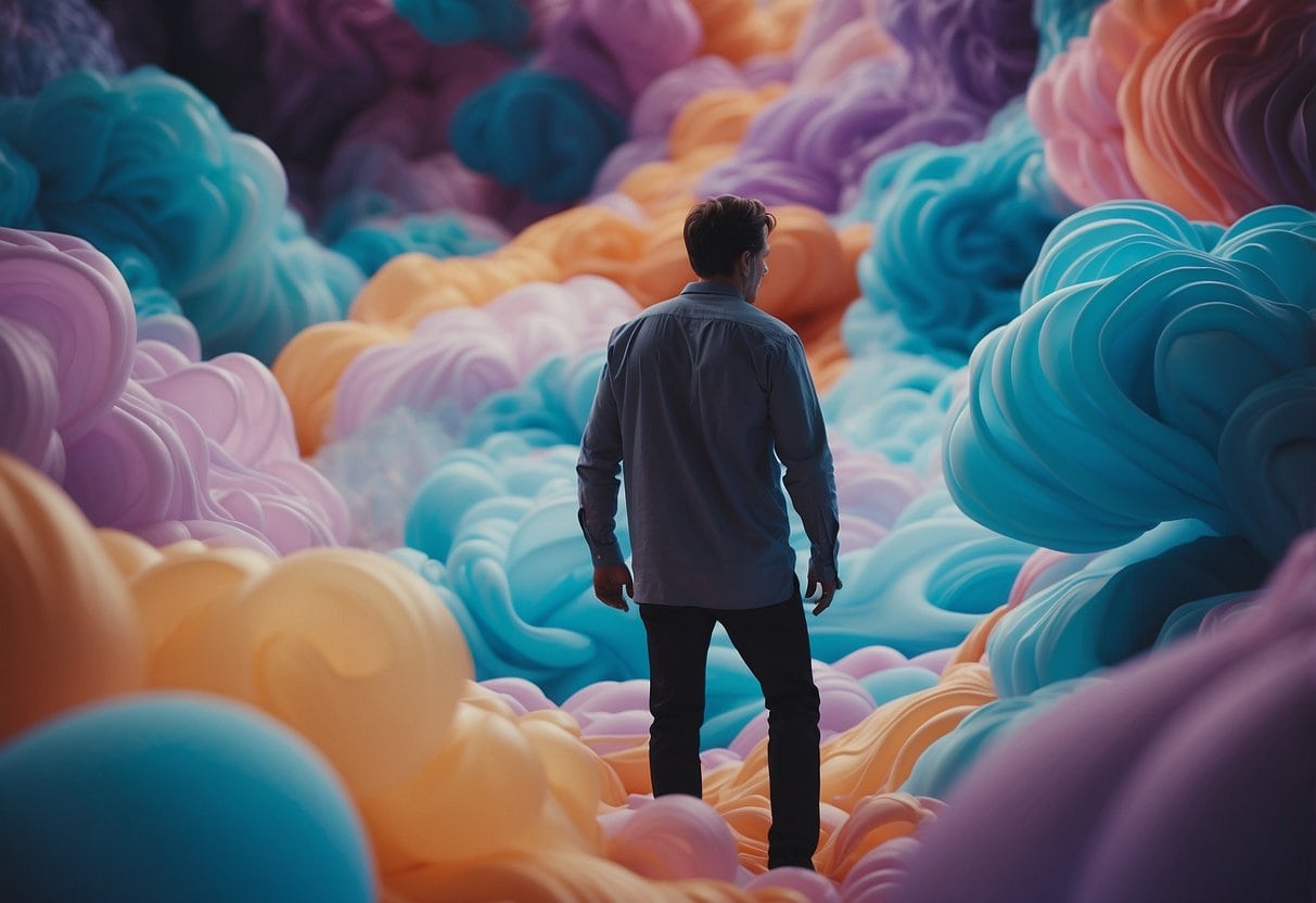 Lucid Dreams and the Dreamworld 3 Lucid Dreams and the Dreamworld | Man standing amid vibrant, surreal, colorful cloud swirls