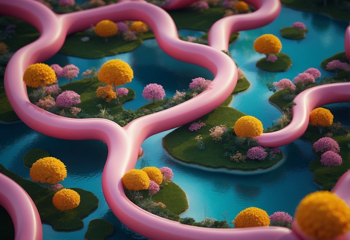 Lucid Dreams and the Dreamworld 1 Lucid Dreams and the Dreamworld | Surreal pink pathways winding through colorful flowering islands